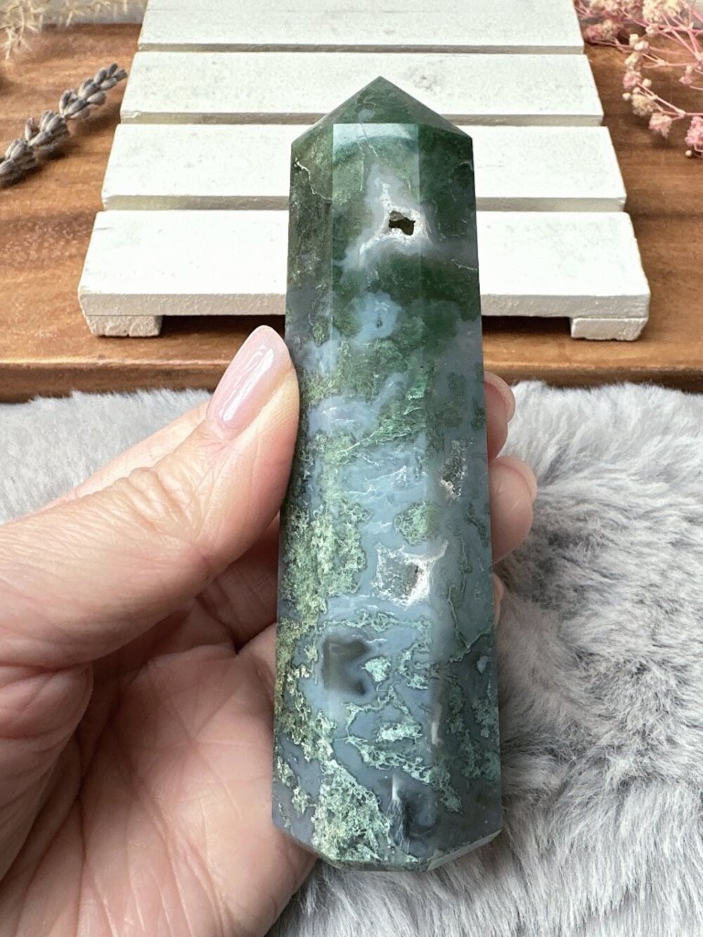 Beautiful Moss Agate Tower Obelisk